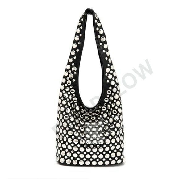 Studded Hobo Bag Y2K Punk Shoulder Purse Soft Leather Bucket Tote - Picture 2 of 8